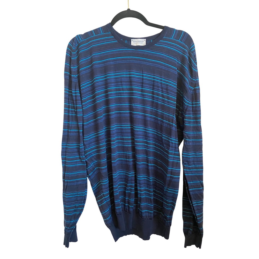 John Smedley Mens XXL Blue Striped 100% Wool Sweater Made in England Crew Neck